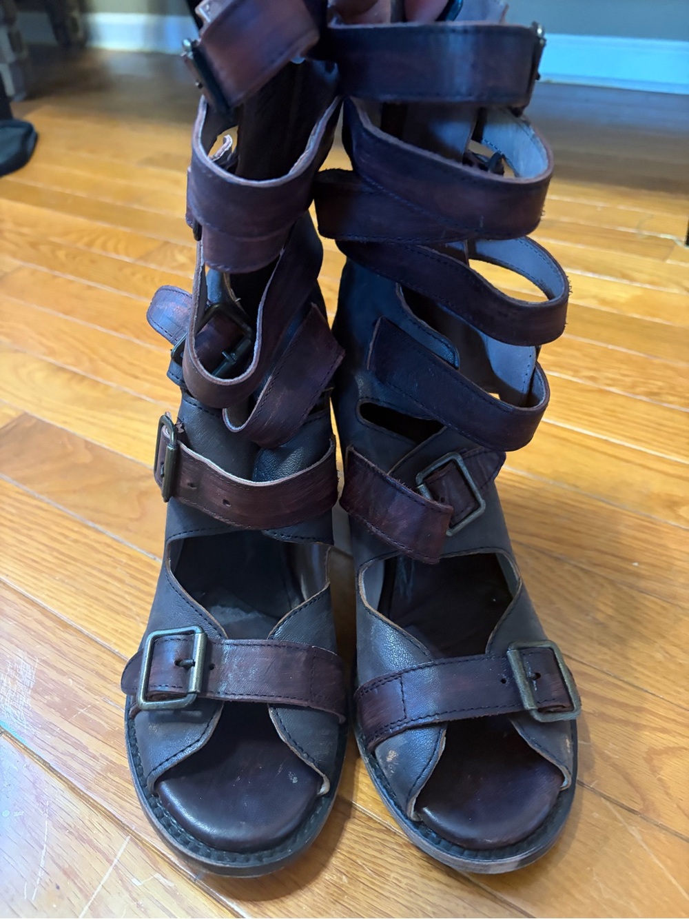 freebird Brown Leather Strappy Gladiator Heels